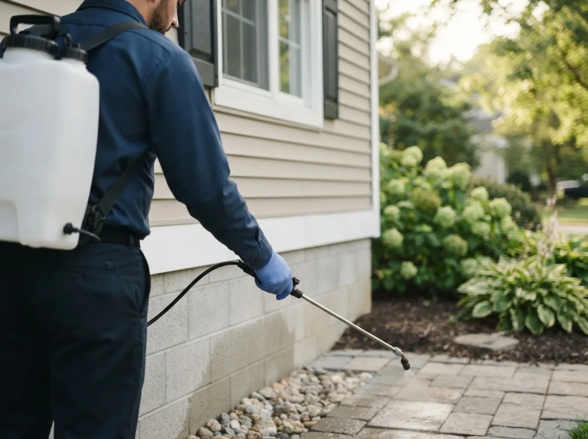 Pest control technician inspecting a home in Lamont, OK